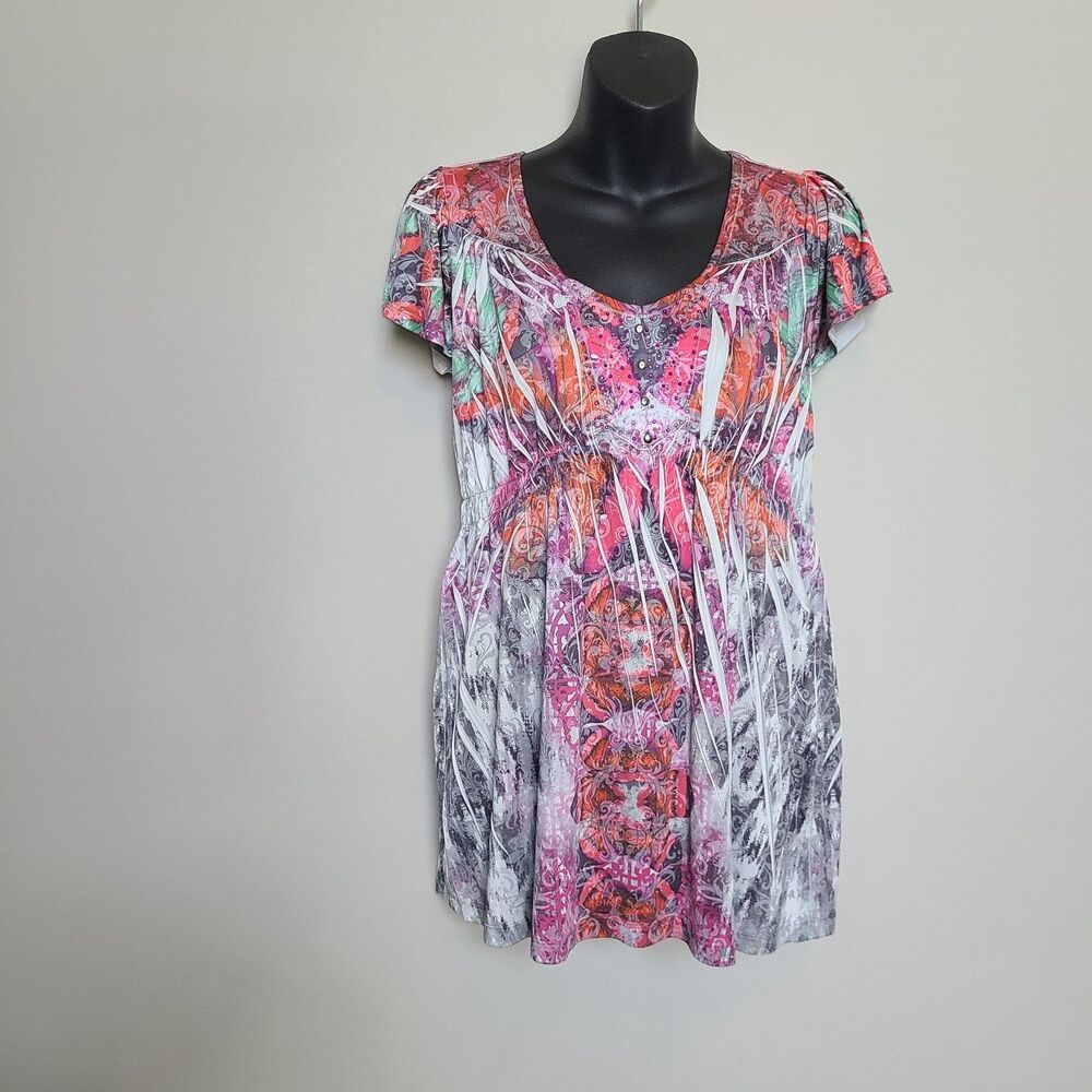 one world top size small sublimation short flutter sleeve pink red rhinestones